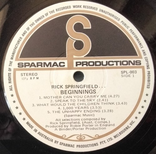 RICK SPRINGFIELD - BEGINNINGS 1972 SPARMAC SPL 003 AUS POP ROCK 1ST EDITION LP - Picture 4 of 4