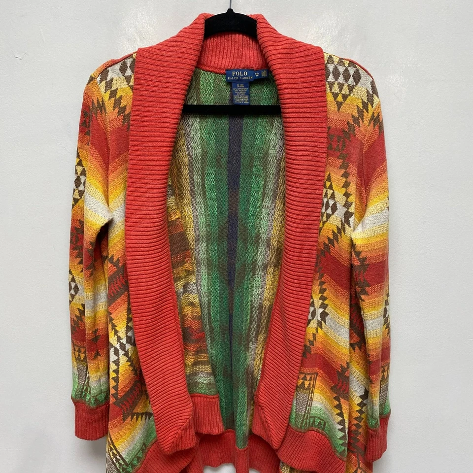 De Colección Polo Ralph Lauren Largo Drapeado Abierto Cárdigan Suéter Azteca Suroeste XS Foto 2 de 4
