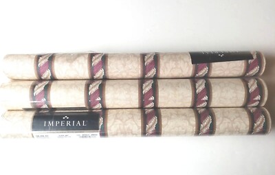 Vintage Imperial Beige Vinyl Leaf Stripe Prepasted Wallpaper 3 Rolls X 56 Sq.Ft