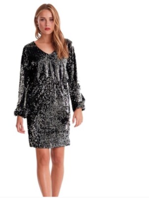 black and silver sequin long sleeve dress ASOS DESIGN angel sleeve silver sequin mini dress with low back in black  velvet