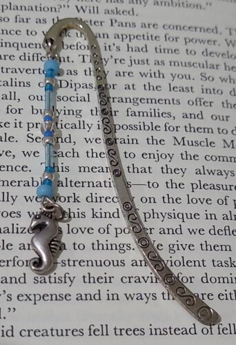 SEAHORSE Bookmark Tibetan Silver Charm & Blue Beads GIFT Ocean Nautical - Picture 1 of 6