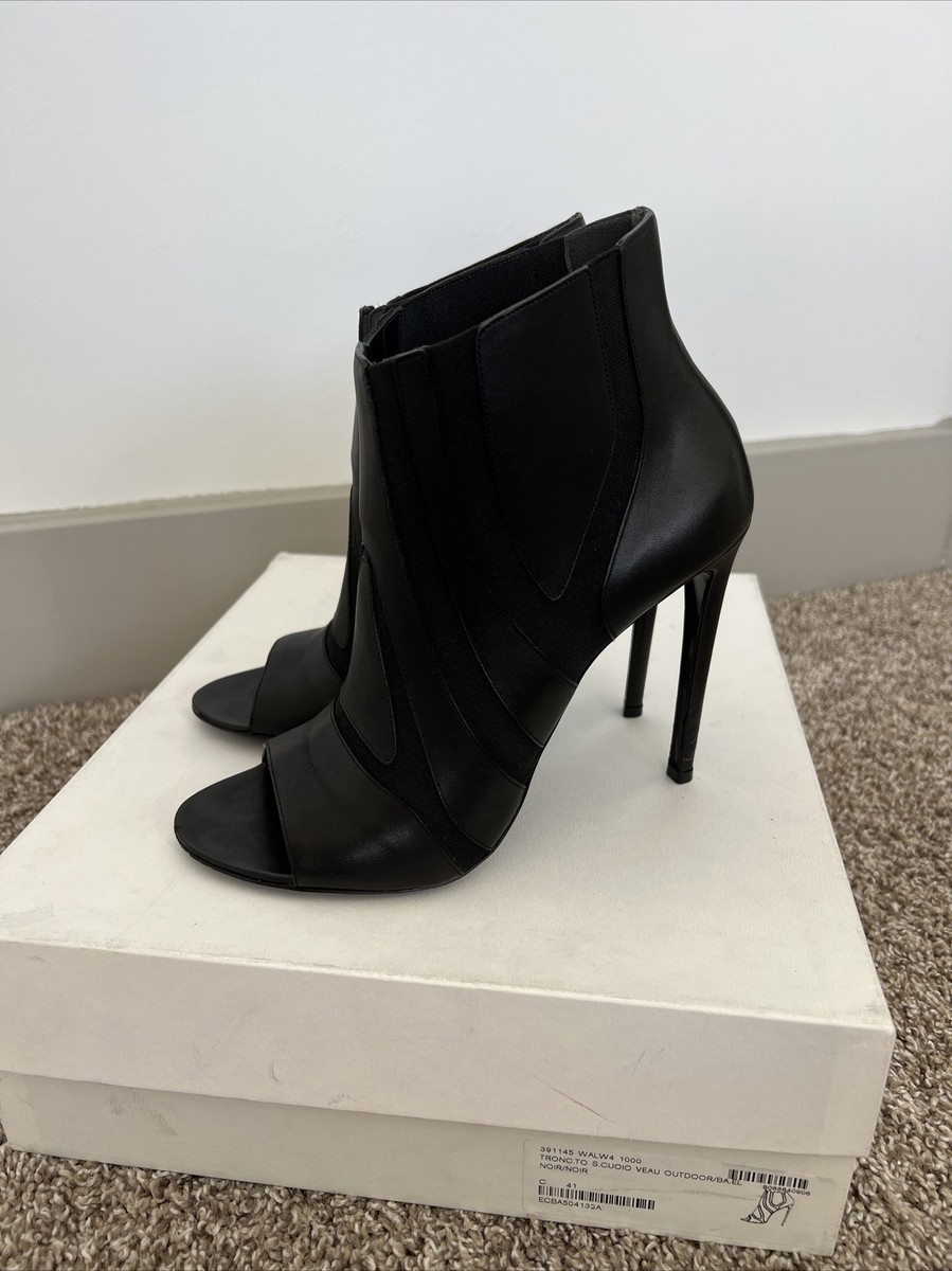 Balenciaga Black Leather Heel Open Toe Boots Womens Ankle Booties