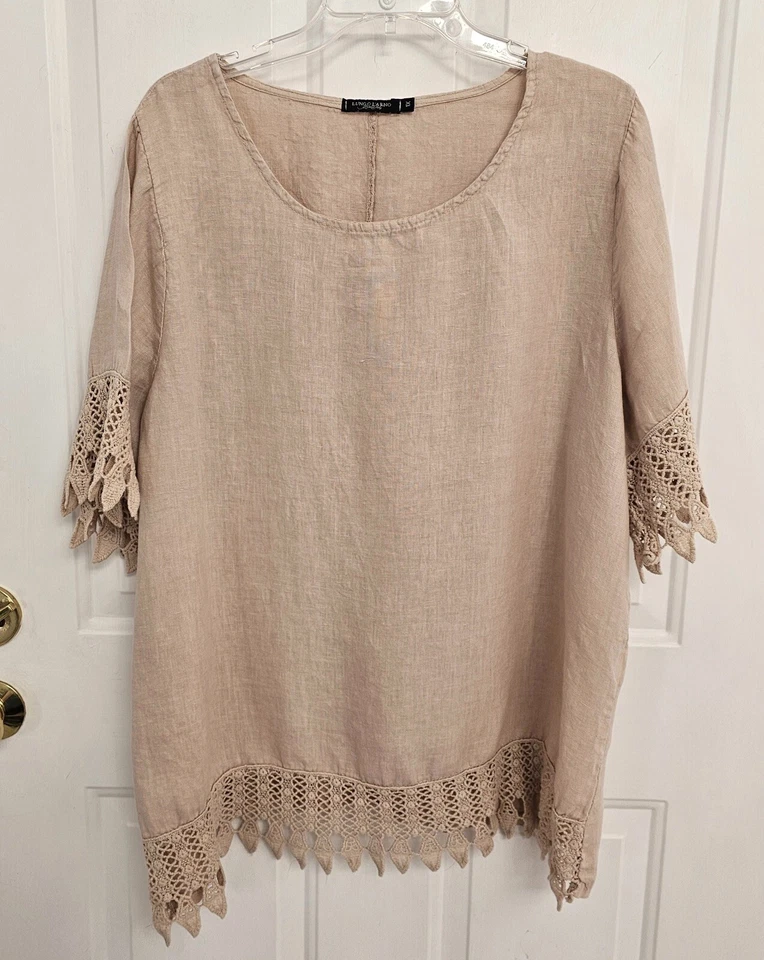 Top Lung O L’arno Beige 100% Lino Cuello Redondo Mangas 3/4 Encaje Recortado Talla 1XL