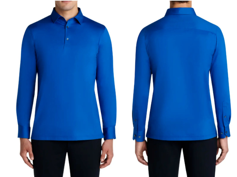 Синяя хлопковая технологичная 8-полосная рубашка поло Henley с длинным рукавом из эластичного хлопка BUGATCHI Blue новинка БОЛЬШОГО размера 22090₽