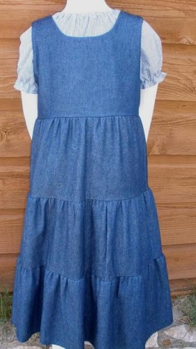 Girl long full jumper dress navy blue jean denim tiered pick 4 5 6 7 8 10 12 14 - Picture 3 of 3