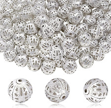 100Pcs 10Mm Silver Plated Filigree Hollow Ball Beads round Metal Loose Spacer Be