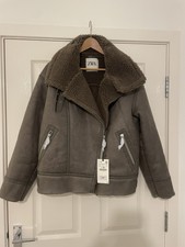 Zara Aviator Faux Shearling Biker Jacket Size L Taupe
