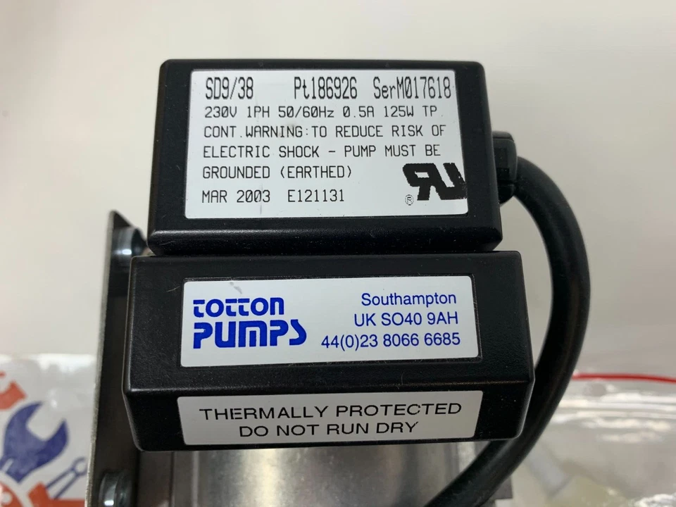 Totton Pumps SD9/38 Diaphragm Pump Motor ASSY Pt186926 230V 1PH 0.5A 125W 1P - Image 3 of 4