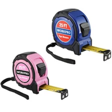 WORKPRO 25FT Tape Measure Easy Read Measuring Tape 1/8Fractions w/Hook Blue/Pink