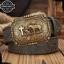 Mens Western Leather Belt Buckle Casual Vintage Horse High Quality Strap Grey