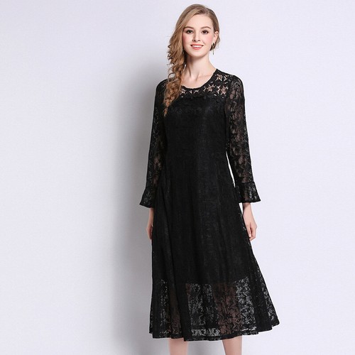 Elegante vestito abito nero pizzo slim manica scampanato morbido 4945 | eBay