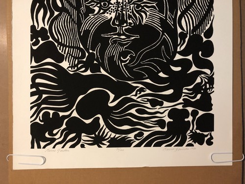 Póster litográfico firmado vintage Oringal de Manuel Izquierdo grabado en madera 1980 jardín marino - Imagen 2 de 10
