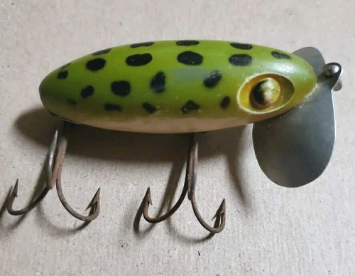 Vintage Fred Arbogast Jitterbug Green Spotted Frog Fishing Lure Metal ...