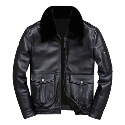 Men's Classic Black Leather Jacket   Warm Fur Collar Bomber Flight Pilot Style