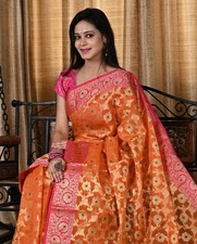 Banarasi Vastra Kora Silk Moonga Check Zari Zaal Contrast Pallu Border Orange