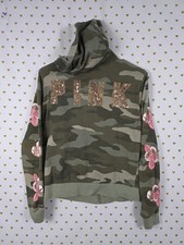 Victorias Secret Pink CAMO FLORAL BLING Sequin Gold Full Zip Hoodie Jacket SMALL