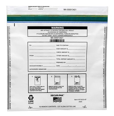 Secur-Pak Deposit Bags - Pack of 100 - Bill Capacity, 8,000 - Premium, White 