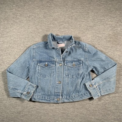American Girl Jacket Girls Medium 10/12 Blue Denim Trucker Embroidered Floral