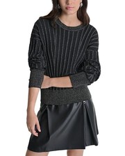 DKNY Women Striped Dropped-Sleeve Rayon/nylon Crewneck Sweater Black Size L 99