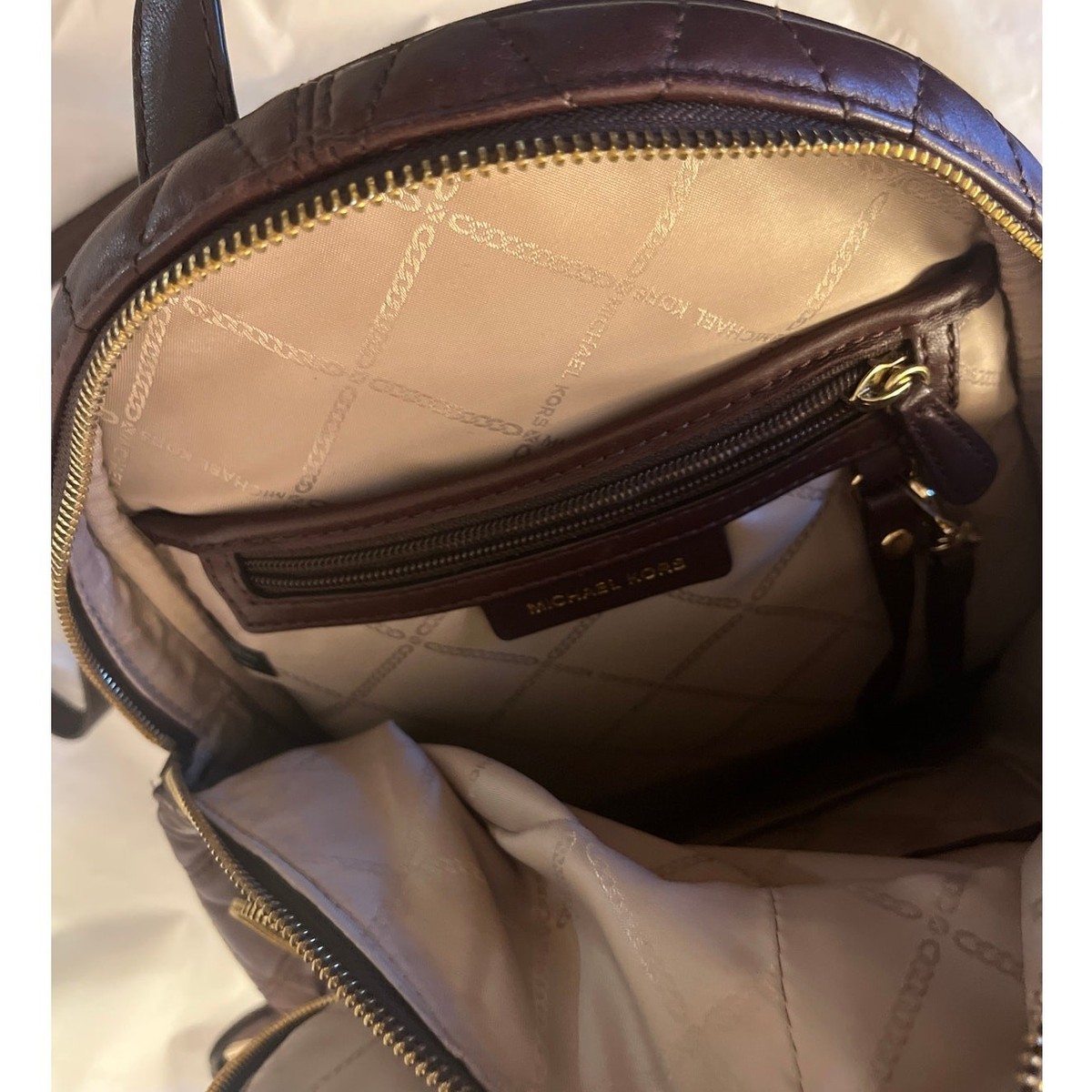 Michael Kors Rhea Quilted Leather Backpack Bag Purse Barolo Gold Zip - Excellent Michael Kors Leather Rhea Zip MD Backpack BRAND NEW... | Depop main image 4
