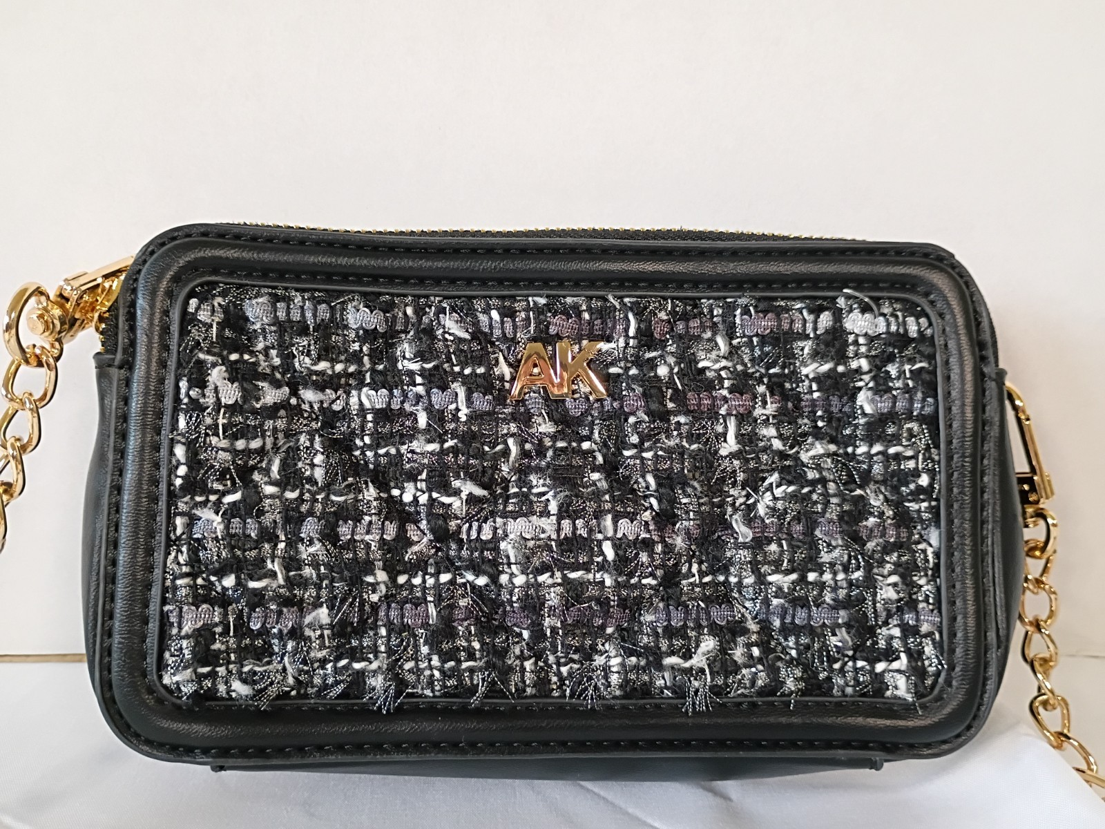 Anne Klein Black & White Tweed Double Zip Crossbody Bag 9"x5" RARE Hard To Find image 2