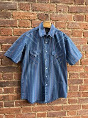 Vintage 70s Authentic Ely Cattleman Blue Striped Western Shirt M 15.5'' Collar