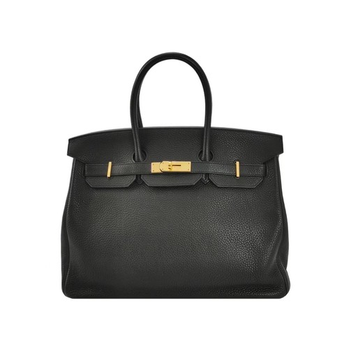 Hermes Birkin 35 Black Clemence Leather Gold Hardware Top Handle Bag Auth