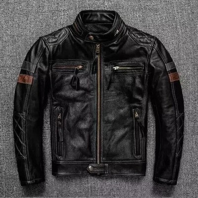 Men s Leather Jacket Motorcycle Biker Black Cafe Racer Genuine Sheep Leather