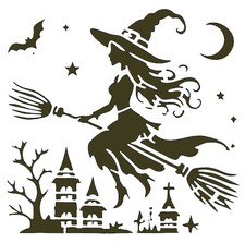 Really Great Stencils, Mystical Witch 9 Stencil, 4x4", Halloween, Flying, Broom