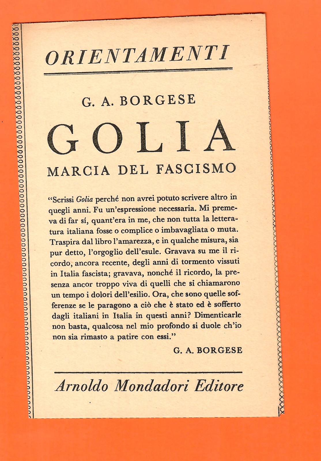 1946 - Scheda bibliografica editoriale - Golia, marcia del fascismo  - Mondadori