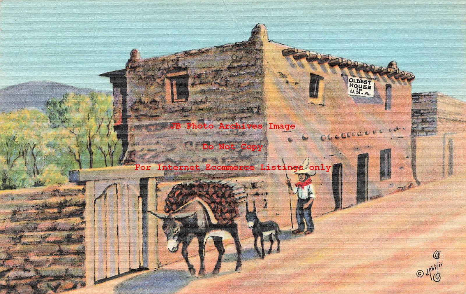 Curt Teich Linen Postcard, J.R. Willis, Oldest House in the U.S., Santa Fe