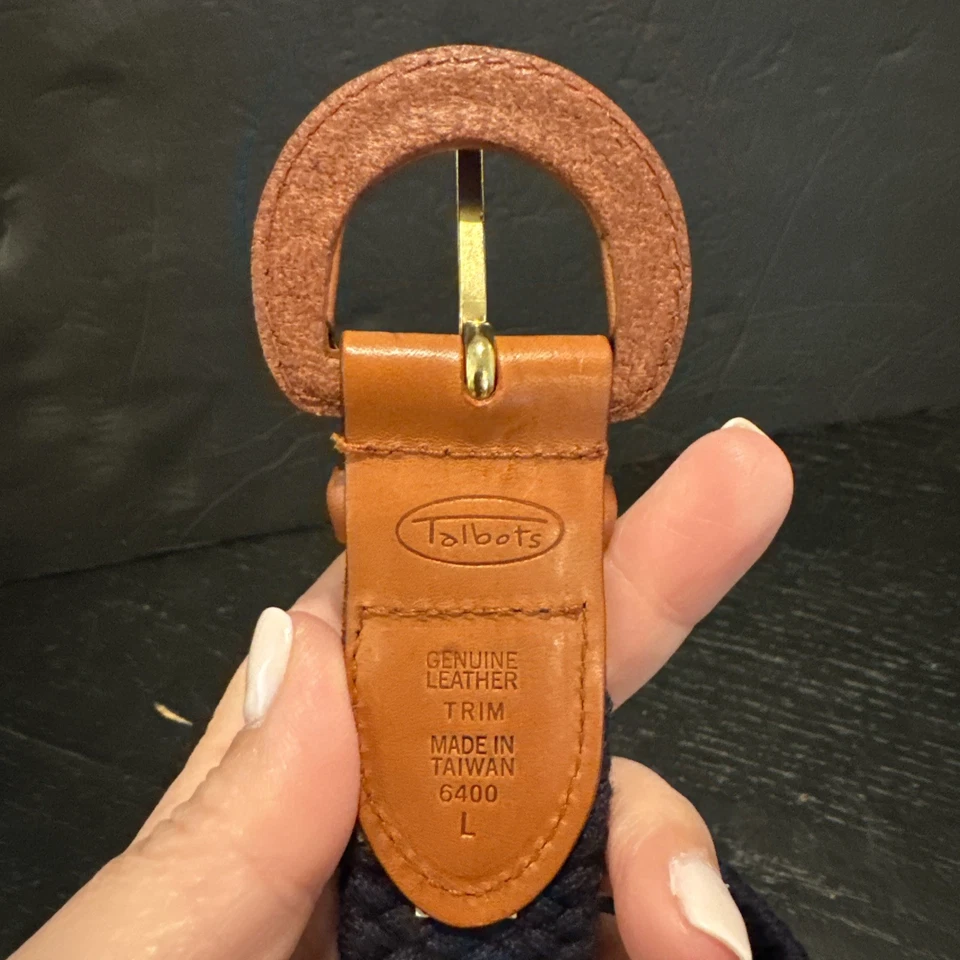 Cinturón Talbots Mujer L Azul Marino Trenzado Algodón Elástico Marrón Cuero Hebilla Cubierta Foto 3 de 4