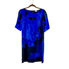 ecru 100% Silk Cutout Shift Dress S Small Cobalt Blue Black Abstract Brushstroke