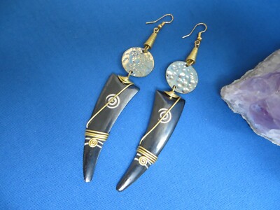 African Ethnic Jewelry  BONE (Bos Taurus) and BRASS  EARRINGS  KENYA  AF