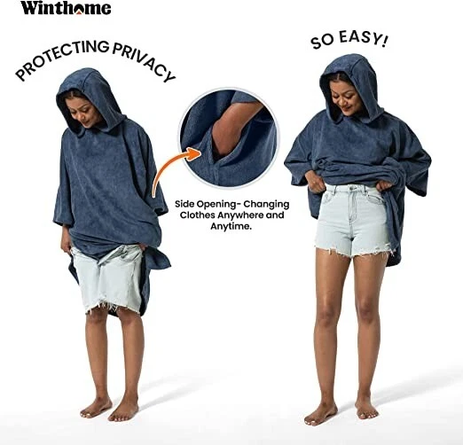WINTHOME Poncho Playa Surf Sudadera con Capucha Cambiador Toalla Bata Gran Tamaño Cremallera Bolsillo OS Foto 4 de 4