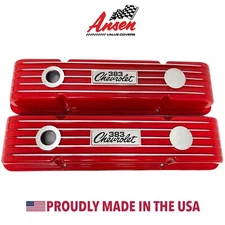 Small Block Chevy 383 Chevrolet Logo Classic Finned Red Valve Covers - Ansen USA