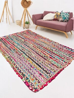Striped Rug Jute Rugs Recycled Cotton Mat Multi Colour Beige Small to Large Mats - Image 1 of 4