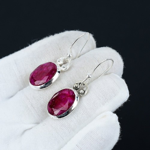 Kashmir Ruby Lab Created Gemstone Handmade 925 Sterling Silver Earring For Women - Picture 3 of 4