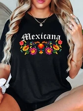 Mexicana Letter And Flowers Printed Crew Neck T-shirts