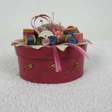 Vintage Sewing Box Pin Cushion Thread Button Organizer Storage 4 Inches Pink