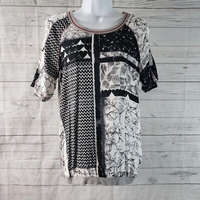 Cecil Womens Printed Top Sz Medium Black Gray Floral Short Sleeve Cotton Blend
