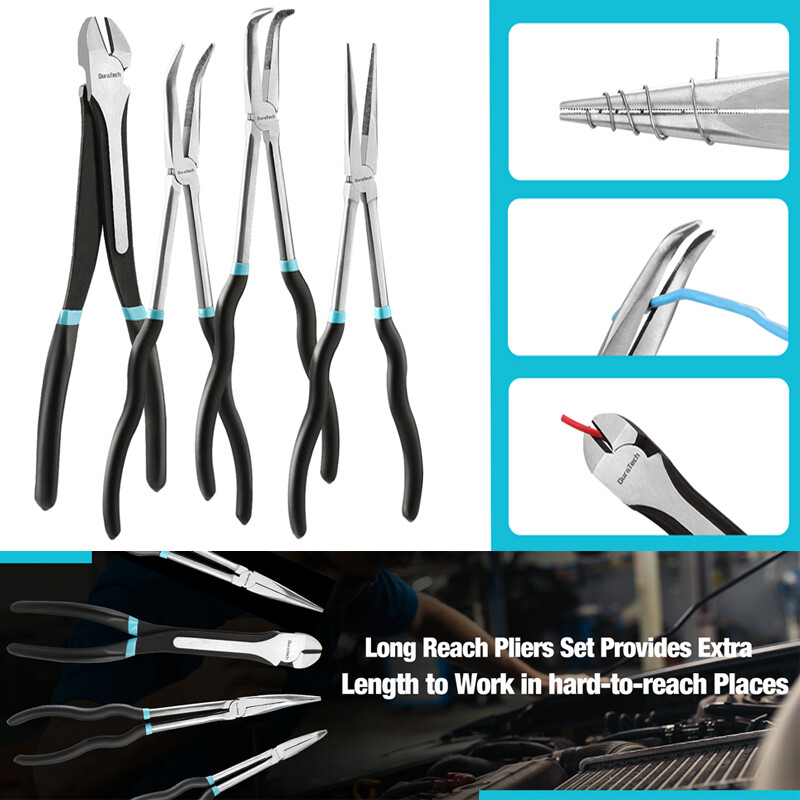 DURATECH 4 PCS Extra Long Needle Nose Pliers Set 11" Long Reach Straight Pliers