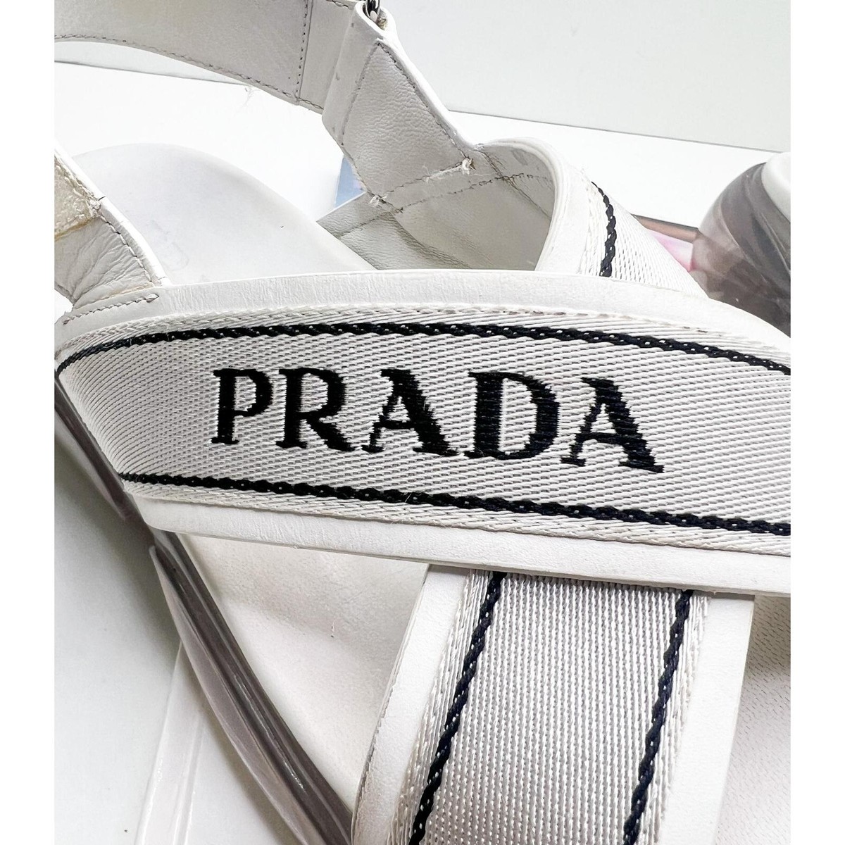 PRADA Cloudburst White Strappy 'Prada' Logo Platform Sandals Size