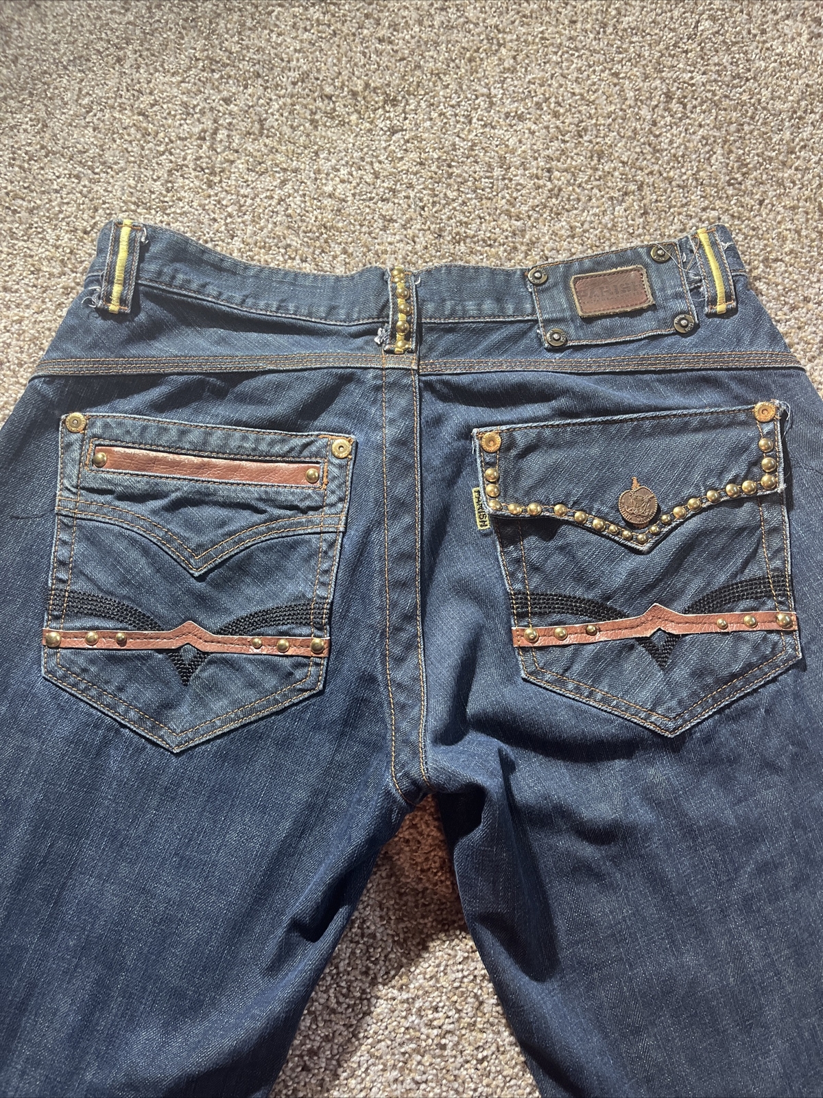 Parish Mens Jeans Straight Distressed Embellished Size 36 (32x 28.5) Button Fly