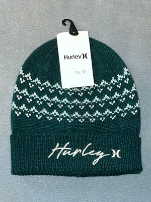NWT Womens HURLEY Script Vail Cuff Beanie Green Fair Isle Ski Cap Hat OS