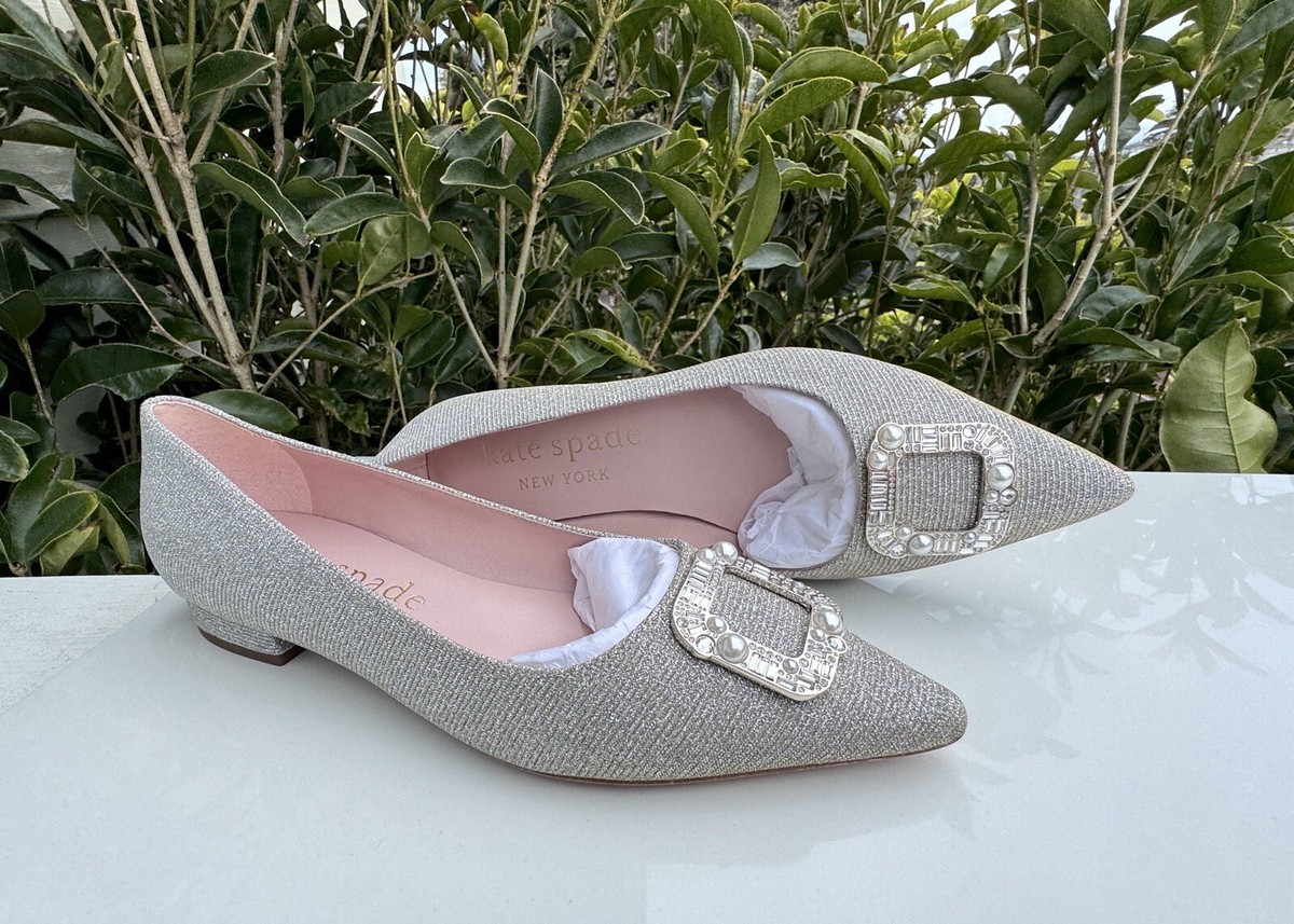 KATE SPADE Pleasant Silver Iridescent Jeweled Buckle-Up Leather Flats 9B New