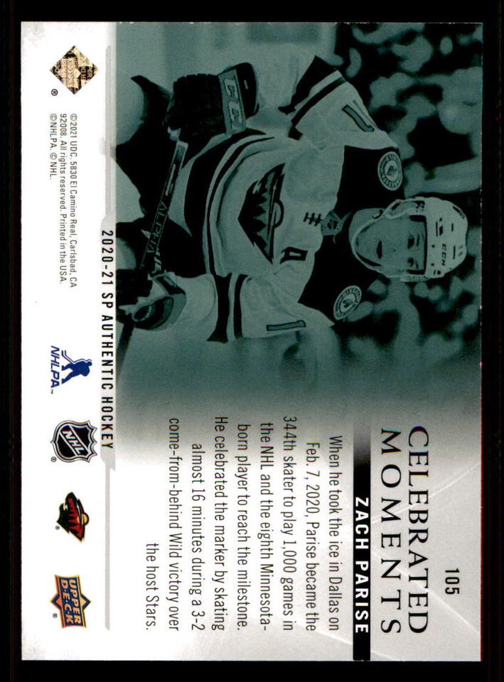 2020-21 SP Authentic #105 Zach Parise CM - Image 2 of 2