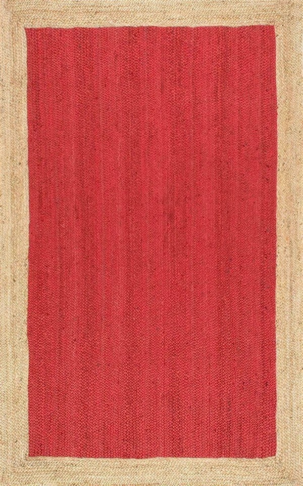 Square Rug Red Dye Rug Farmhouse Area Rug Hand Woven Rustic Look Natural Jute - Image 3 of 4
