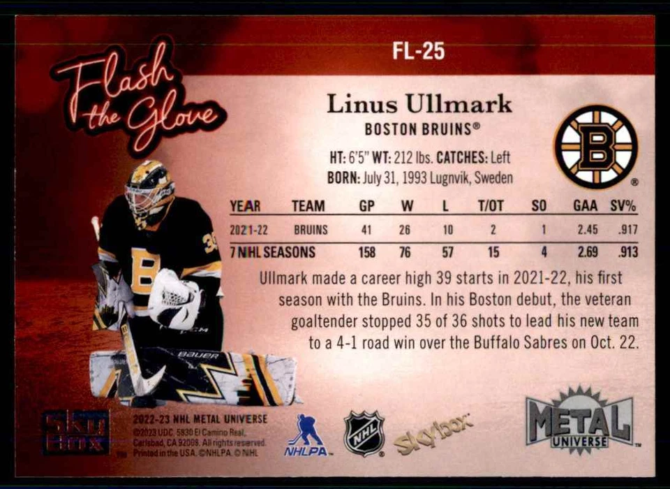 2022-23 SKYBOX METAL UNIVERSE FLASH THE GLOVE LINUS ULLMARK BOSTON BRUINS #FL-25 - Image 2 of 2