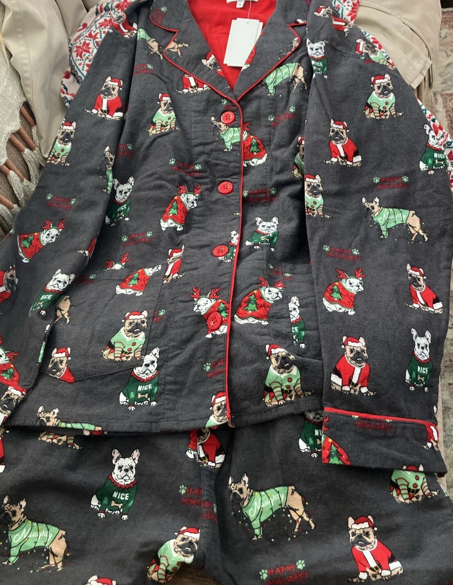 PJ Salvage Pajama Set Gray Flannel Shirt Pants French Bulldog